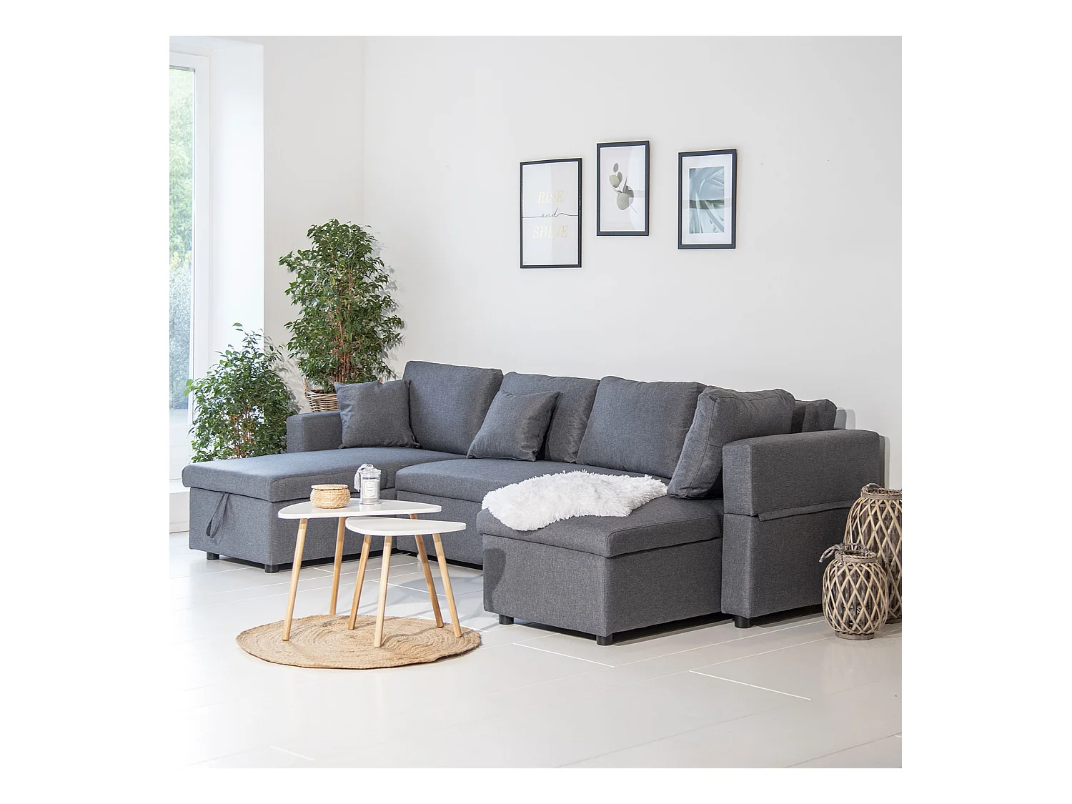 Canapé panoramique convertible SCOTT 4 places gris chiné - HAPPY GARDEN