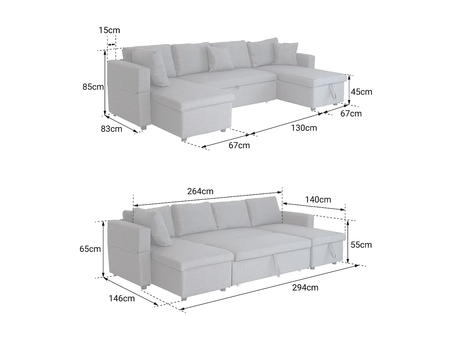 SCOTT Sofá-cama panorâmico de 4 lugares, com manchas cinzentas