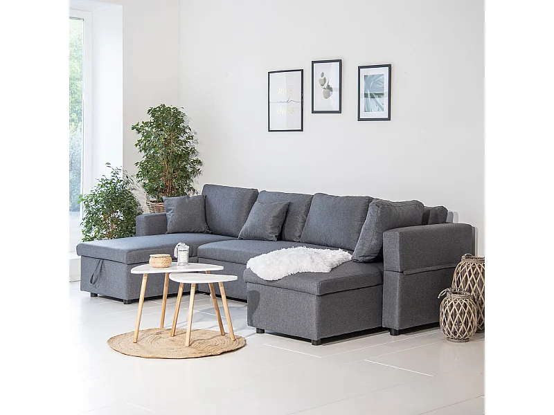 SCOTT Sofá-cama panorâmico de 4 lugares, com manchas cinzentas