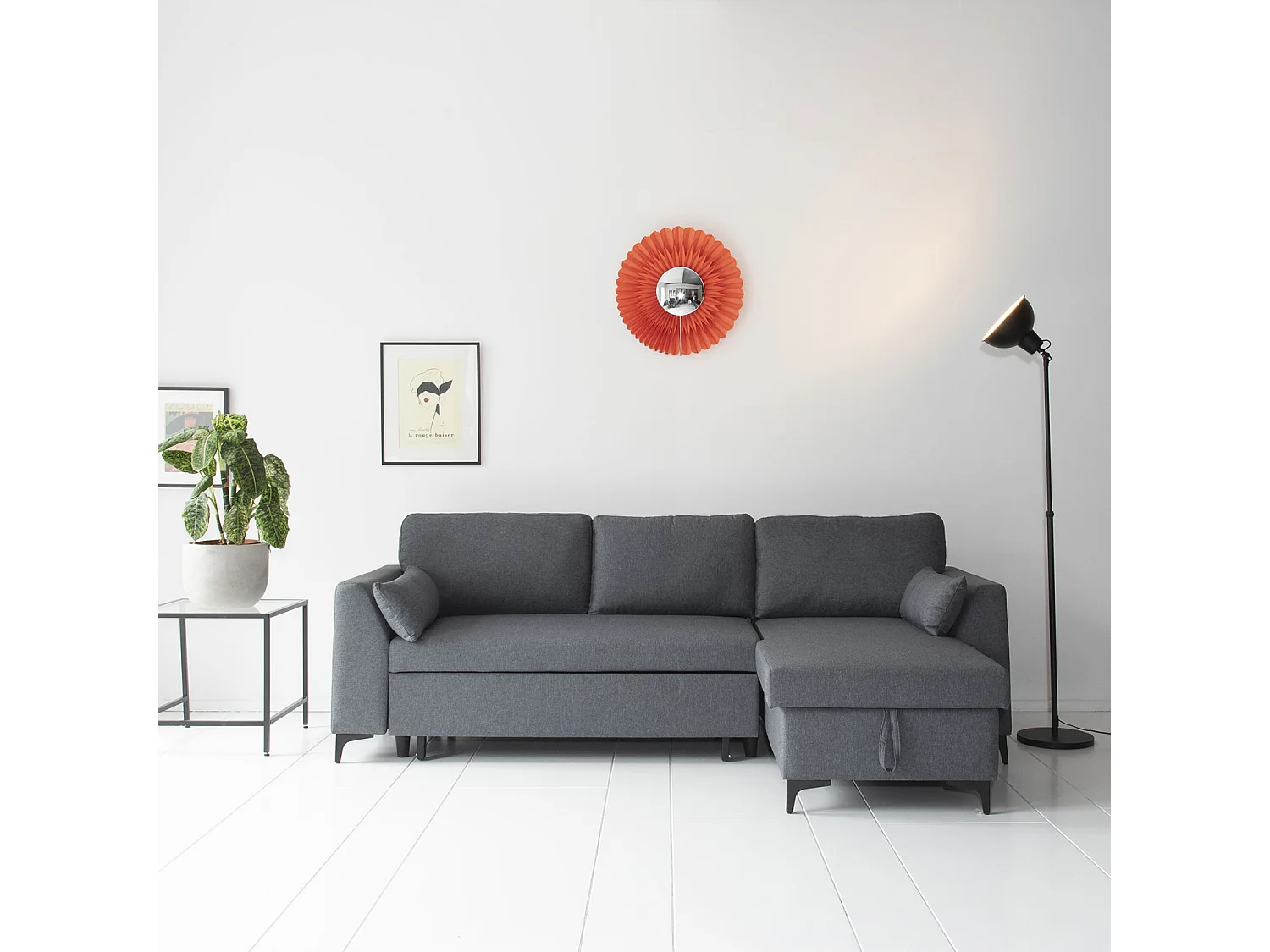 Canapé d'angle convertible LOGAN 3 places gris chiné - HAPPY GARDEN