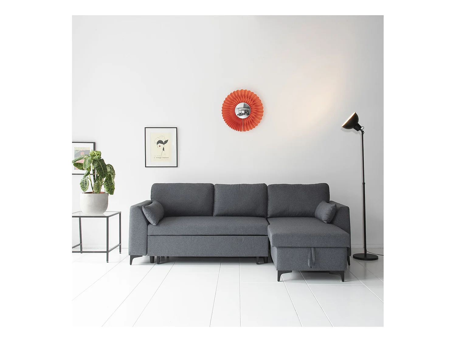 Canapé d'angle convertible LOGAN 3 places gris chiné - HAPPY GARDEN