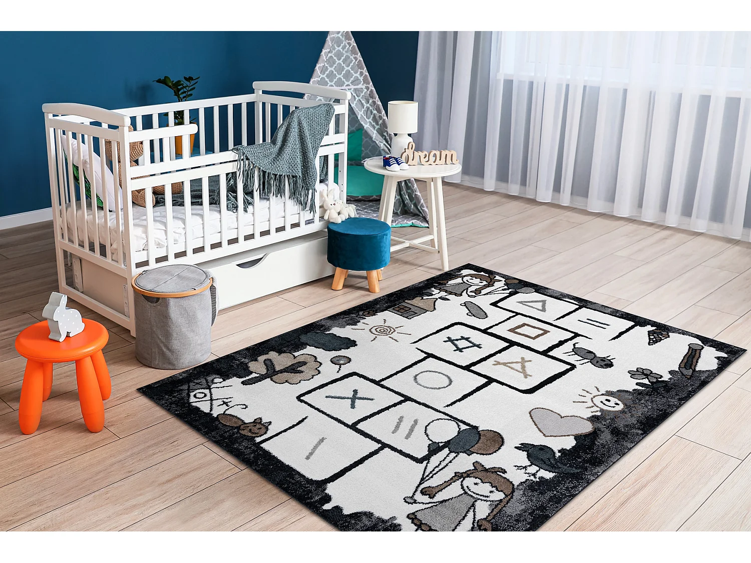 Tapijt FUN Hop voor kinderen, klassikaal spel, dieren zwart 120x170 cm