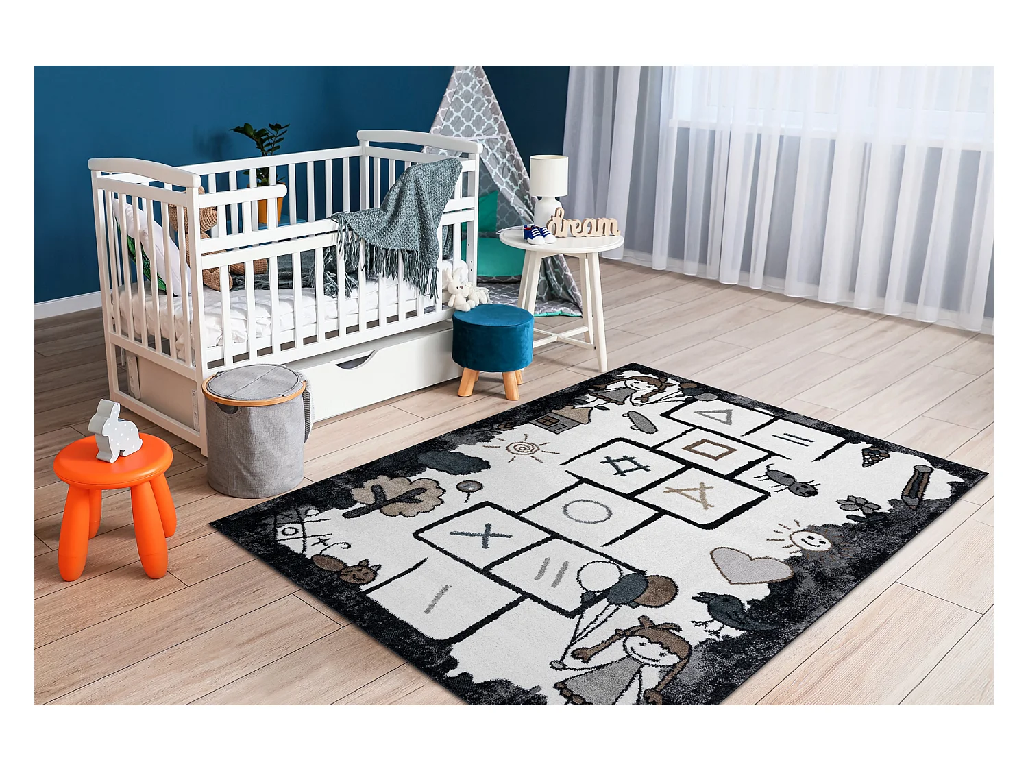 Tapijt FUN Hop voor kinderen, klassikaal spel, dieren zwart 140x190 cm