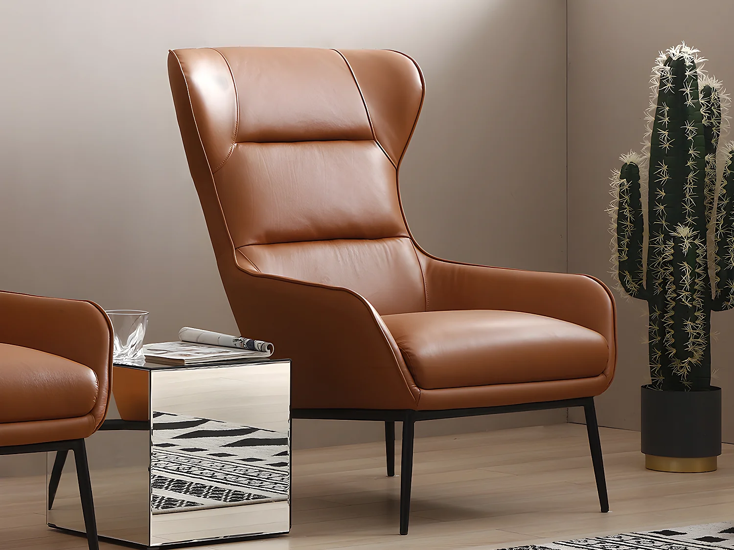 Fauteuil en cuir de buffle camel DINNIA