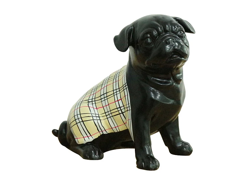 Statue chien carlin peinture noir et tartan écossais H20 cm - MIKE