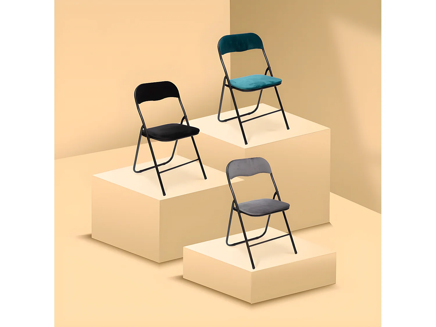 Chaise pliante confortable en métal et velours Noir H 79 cm