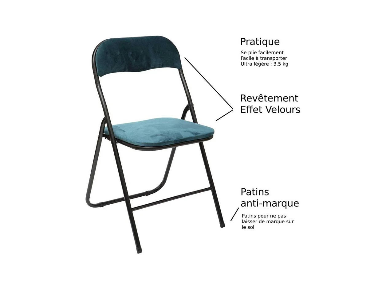 Chaise pliante confortable en métal et velours Bleu Canard H 79 cm