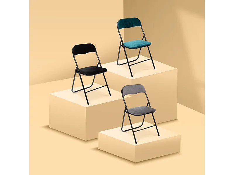 Chaise pliante confortable en métal et velours Bleu Canard H 79 cm