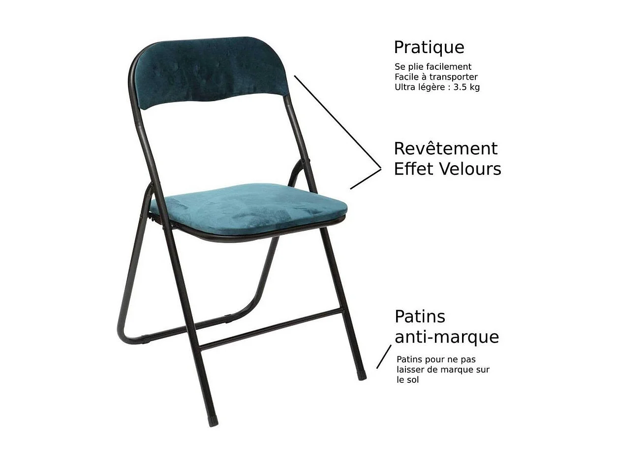 Chaise pliante confortable en métal et velours Bleu Canard H 79 cm