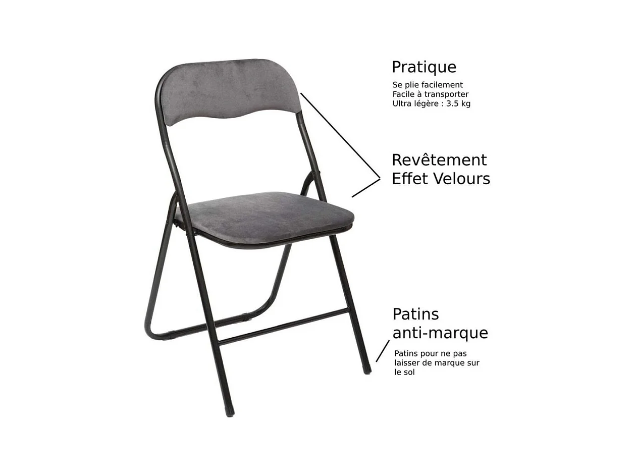 Chaise pliante confortable en métal et velours Gris H 79 cm