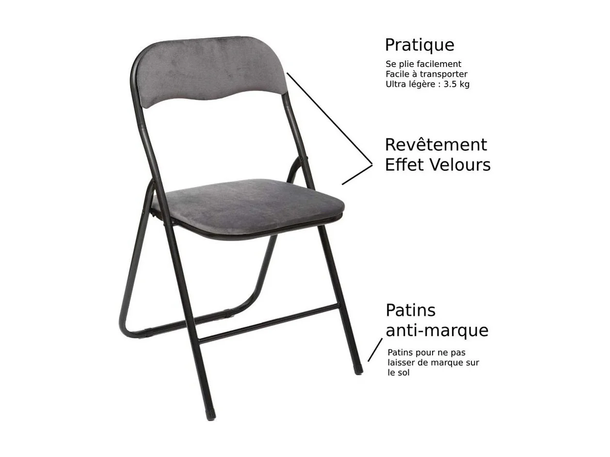 Chaise pliante confortable en métal et velours Gris H 79 cm