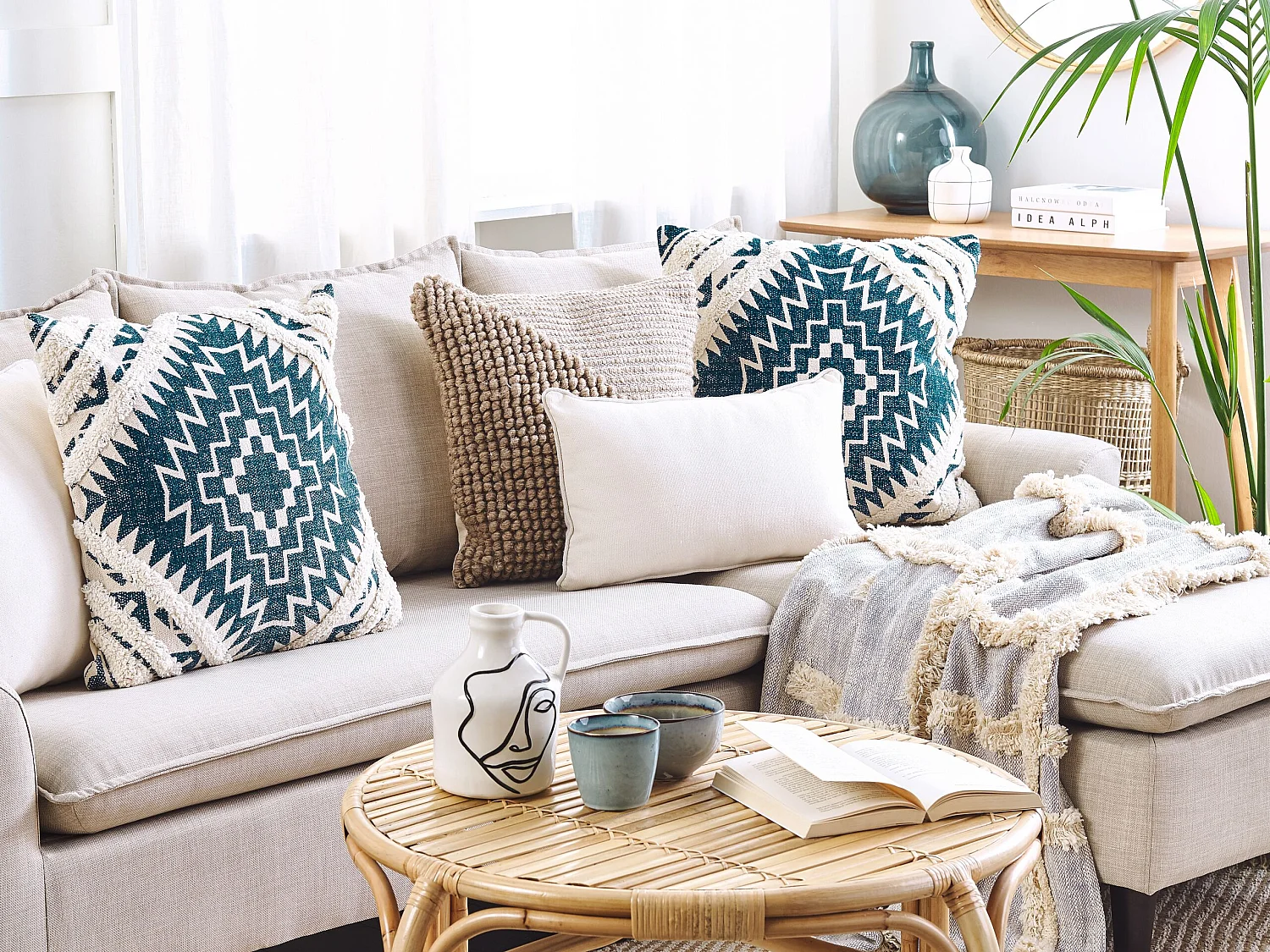 Lot de 2 coussins décoratifs SAFI Coton 50 x 50 cm Bleu Motif géométrique