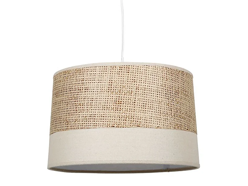 Suspension bi-matière tissu beige et rotin
