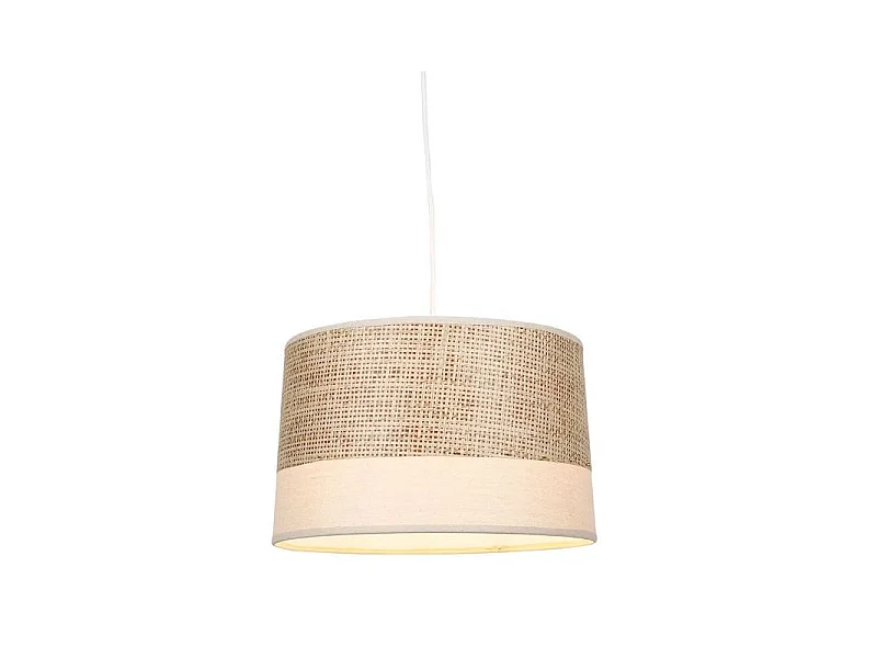 Suspension bi-matière tissu beige et rotin
