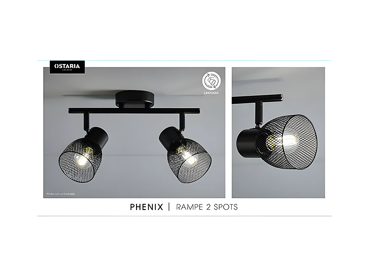 Rampe 2 spots Phenix en métal grillage noir Ostaria