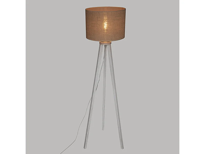 Lampadaire Trepied en Bois blanchi et Abat-jour Beige Lin H 143 cm