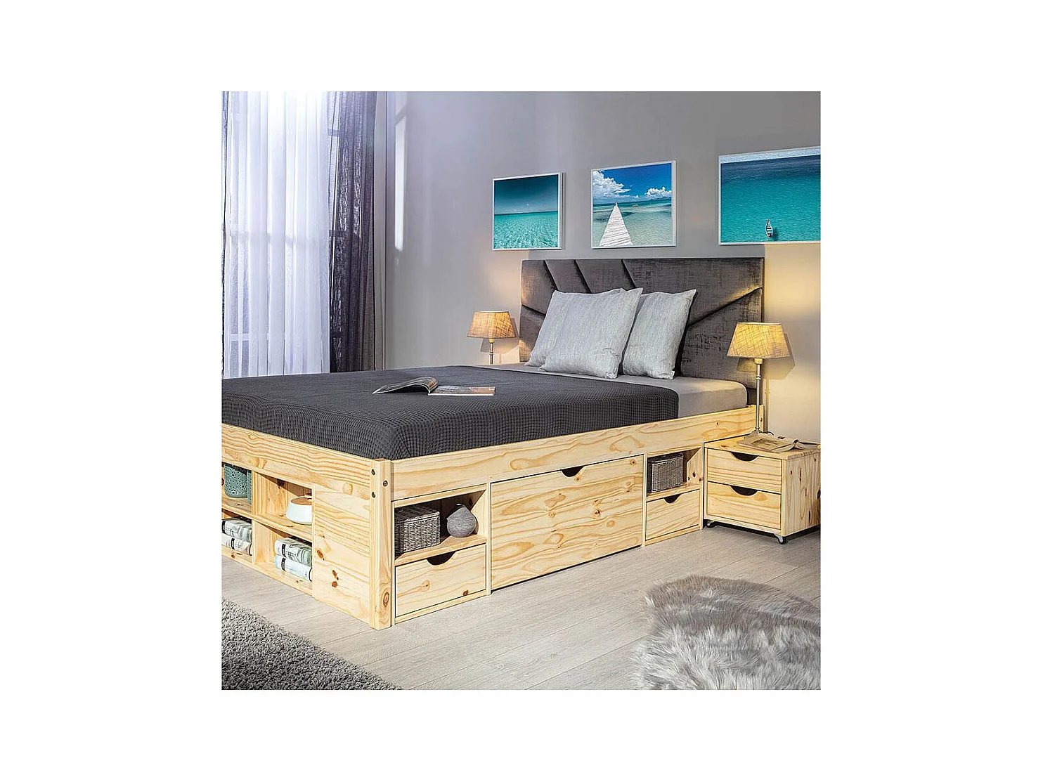 CALI - Lit 140x200cm multi-rangement Bois Massif