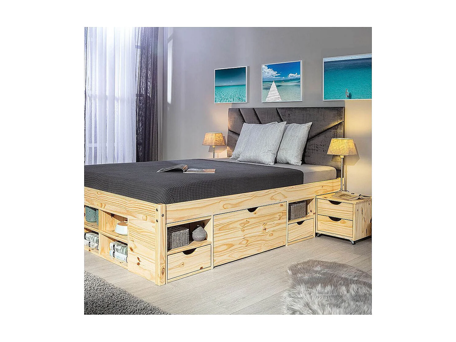 CALI - Lit 140x200cm multi-rangement Bois Massif