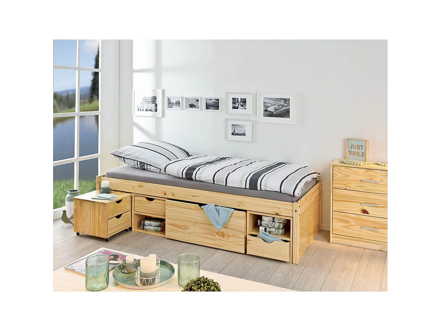 CALI - Lit 90x200cm multi-rangement Bois Massif