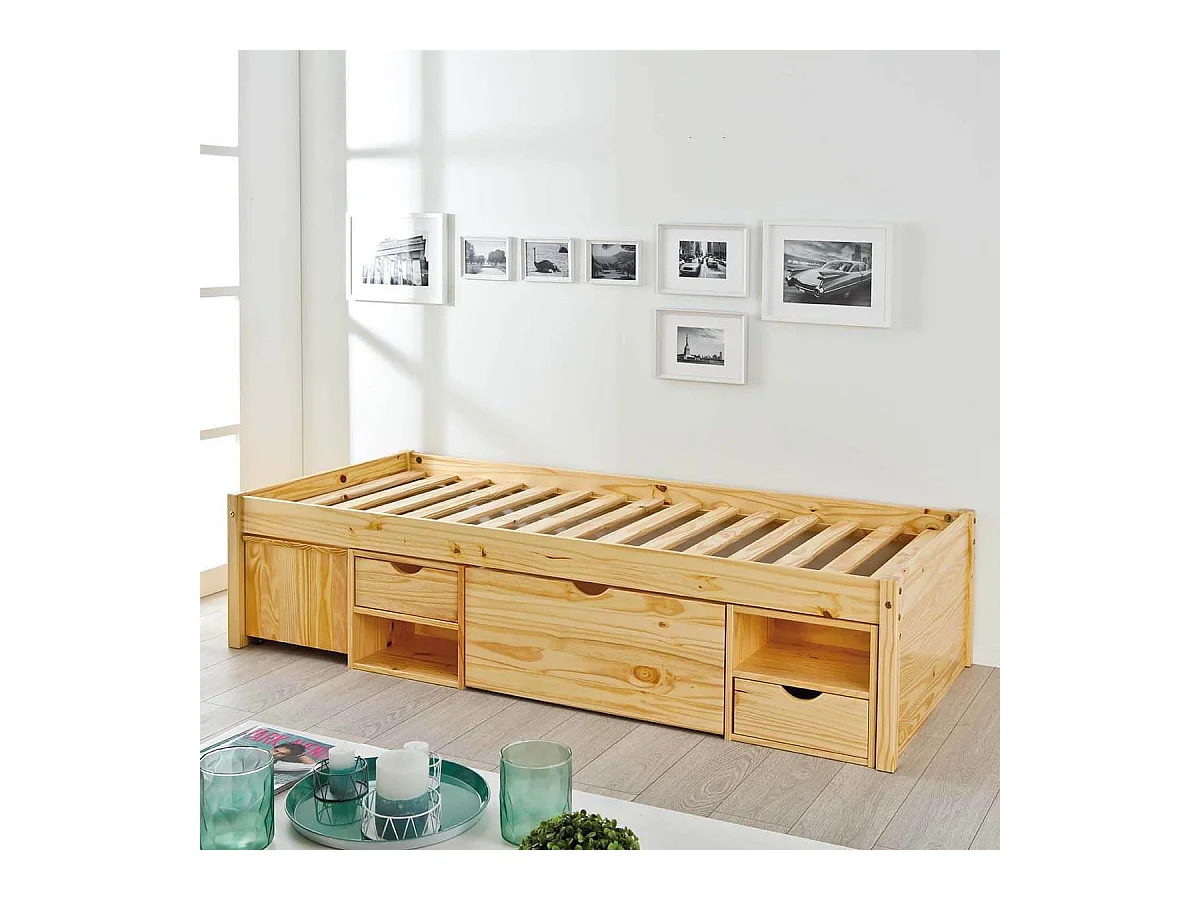 CALI - Lit 90x200cm multi-rangement Bois Massif