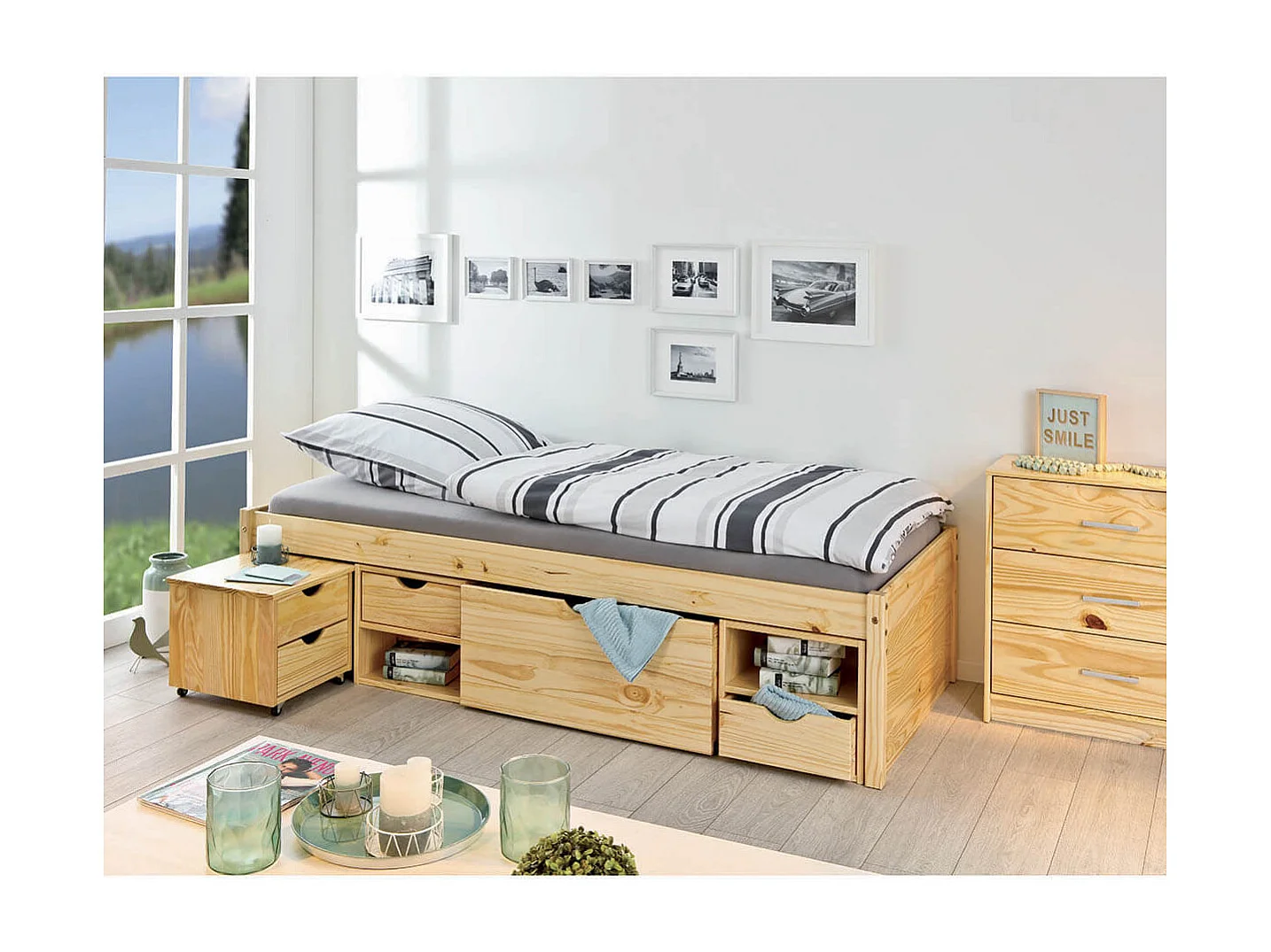 CALI - Lit 90x200cm multi-rangement Bois Massif