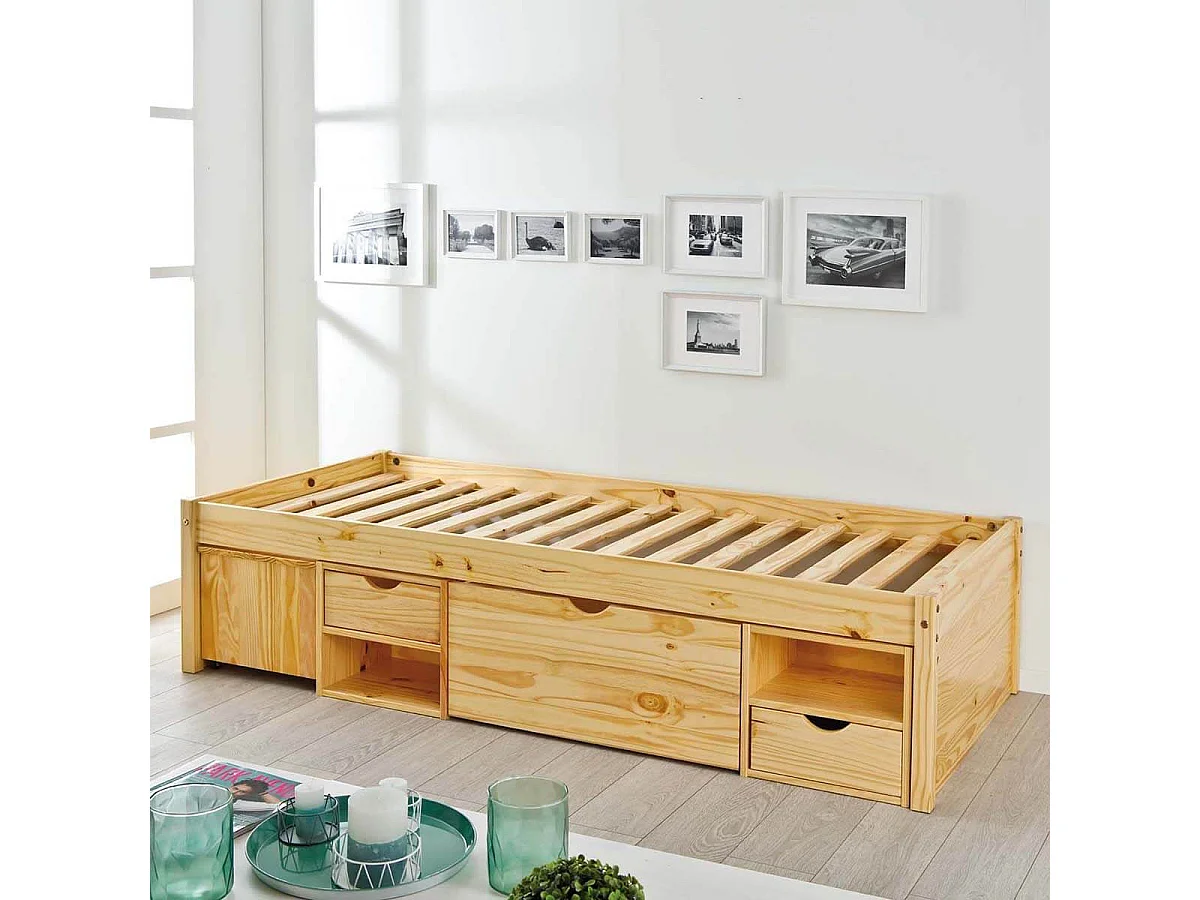 CALI - Lit 90x200cm multi-rangement Bois Massif