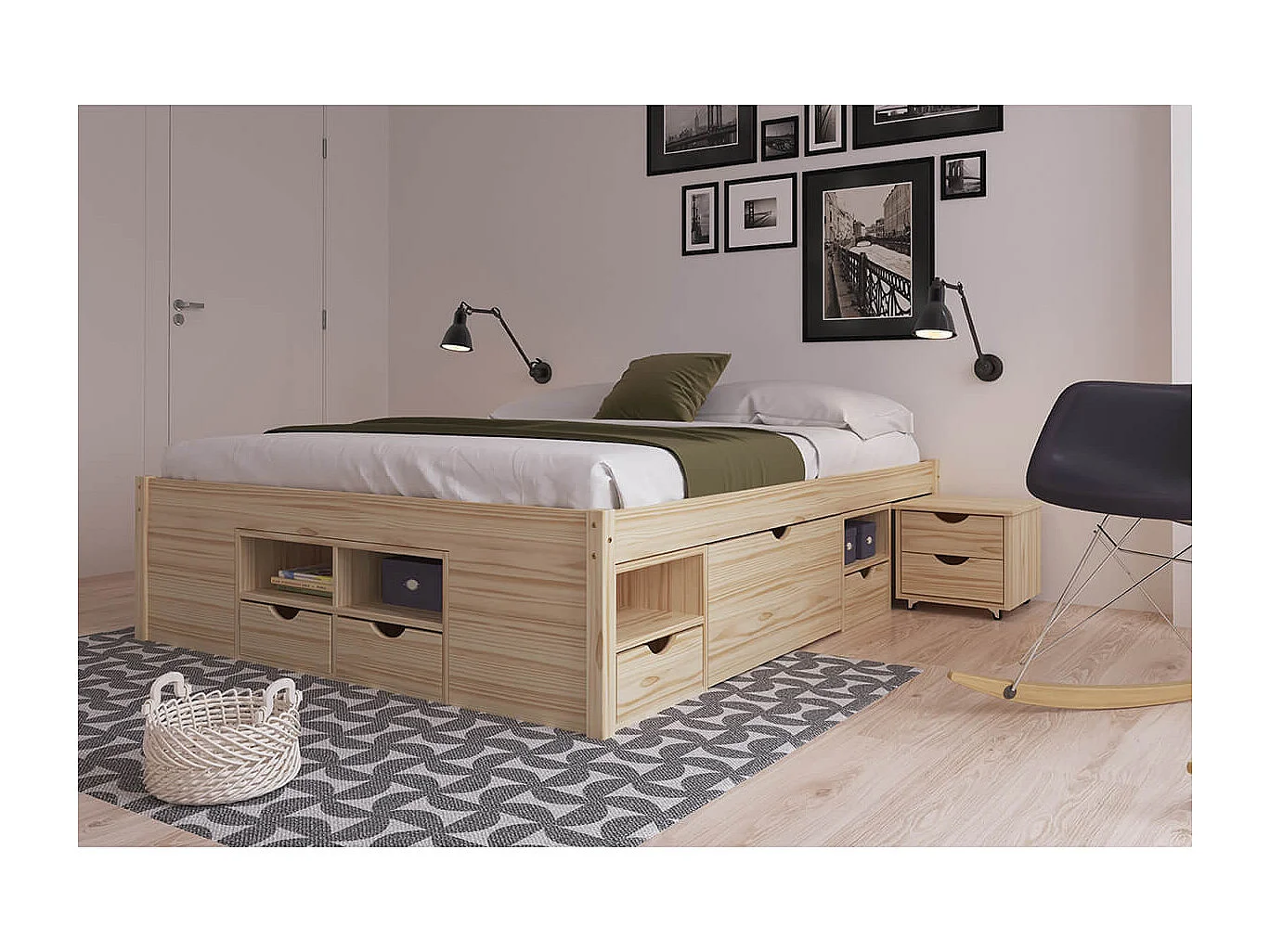 CALI - Lit 160x200cm multi-rangement Bois Massif