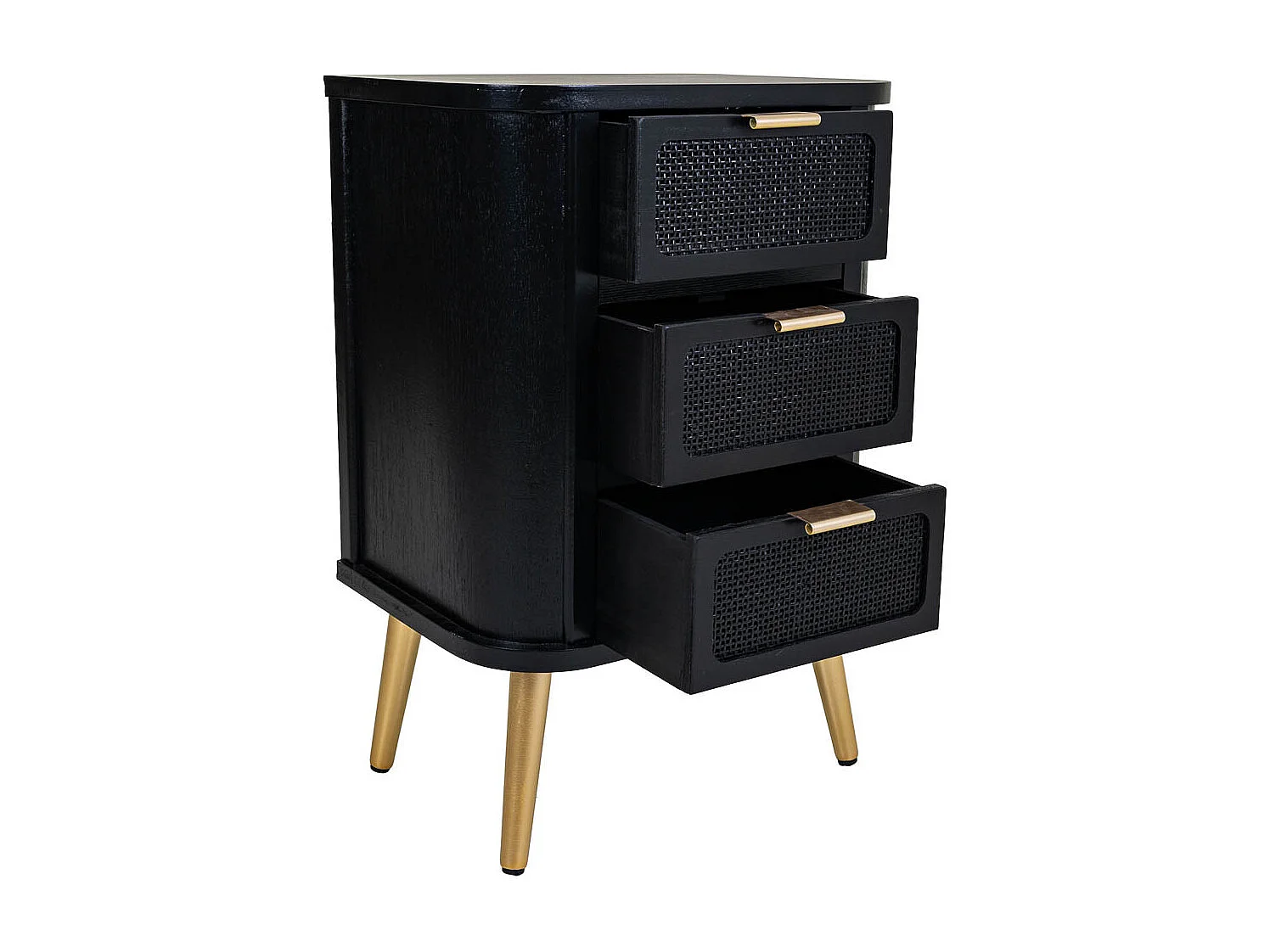 Schwarz lackierter Nachttisch aus Holz und Netz, 50x35x72