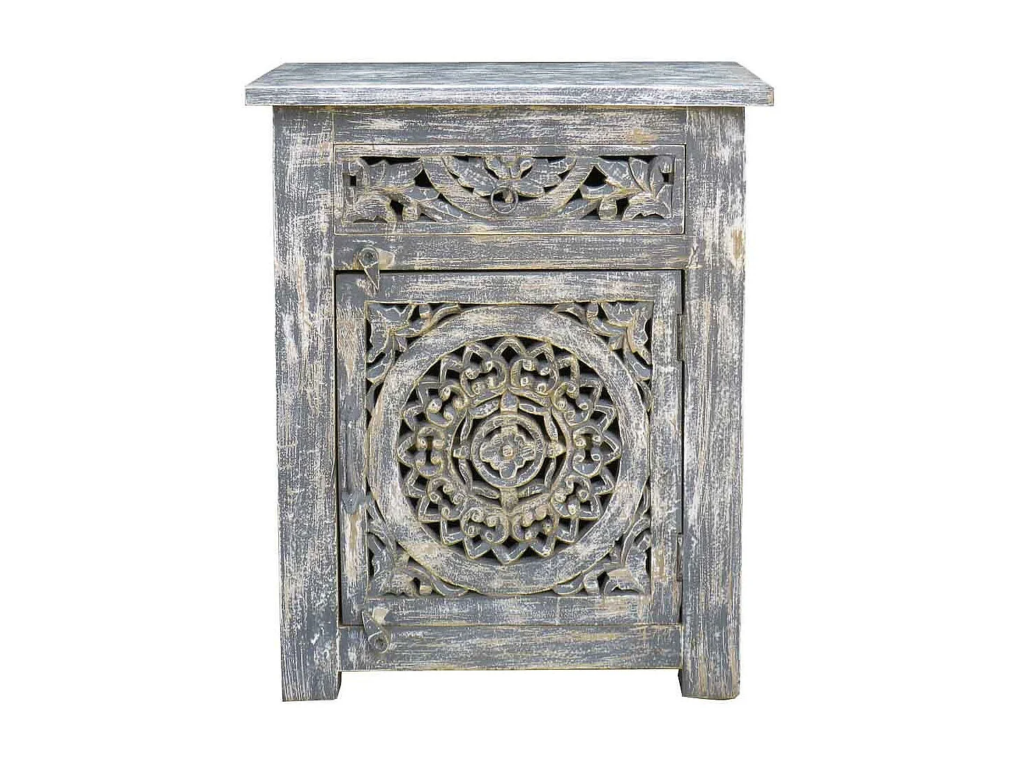 Table de chevet en bois avec finition artisanale, dimensions 60x40x70 cm.