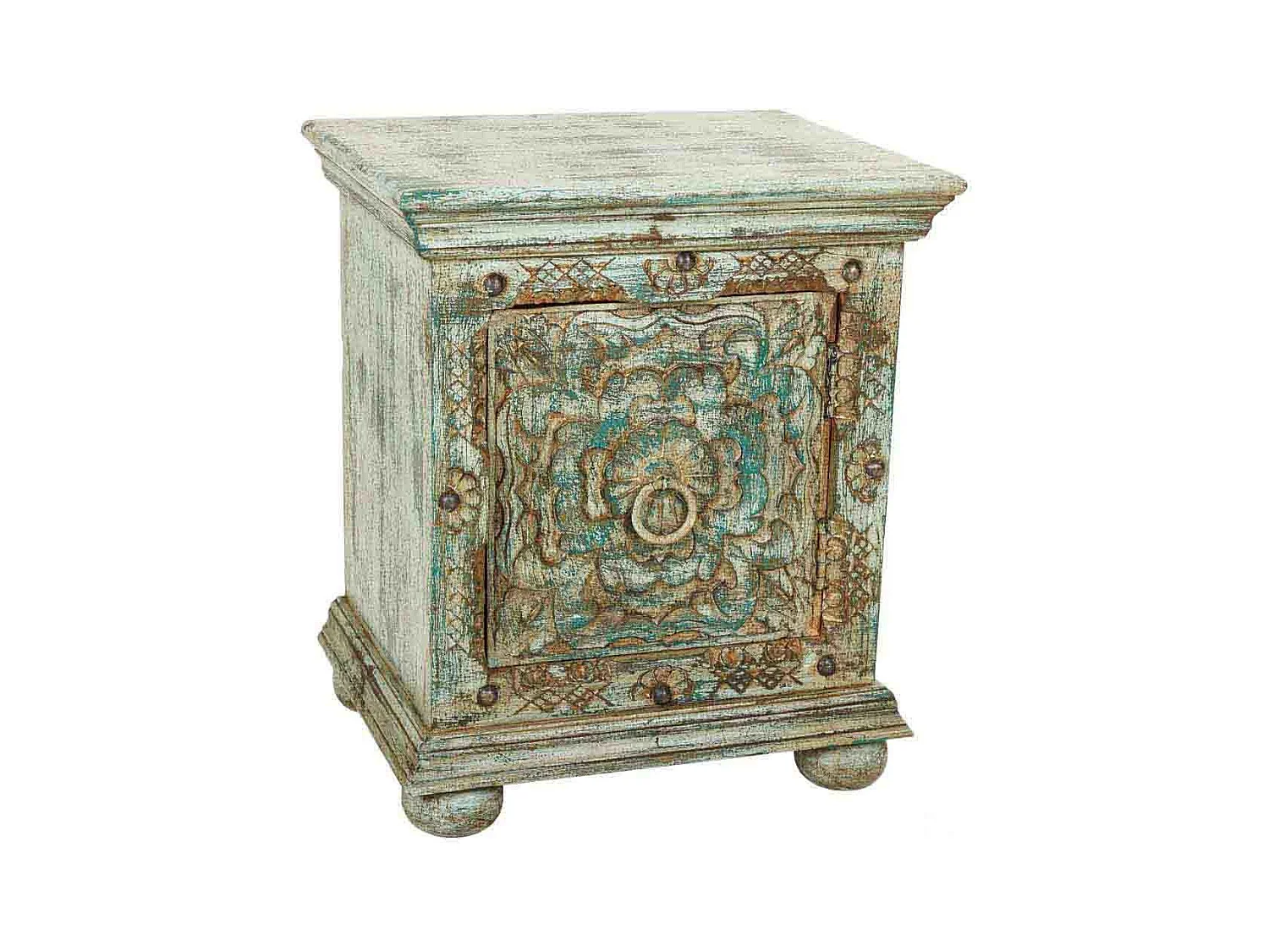 Comodino in legno intagliato verde 50x40x59