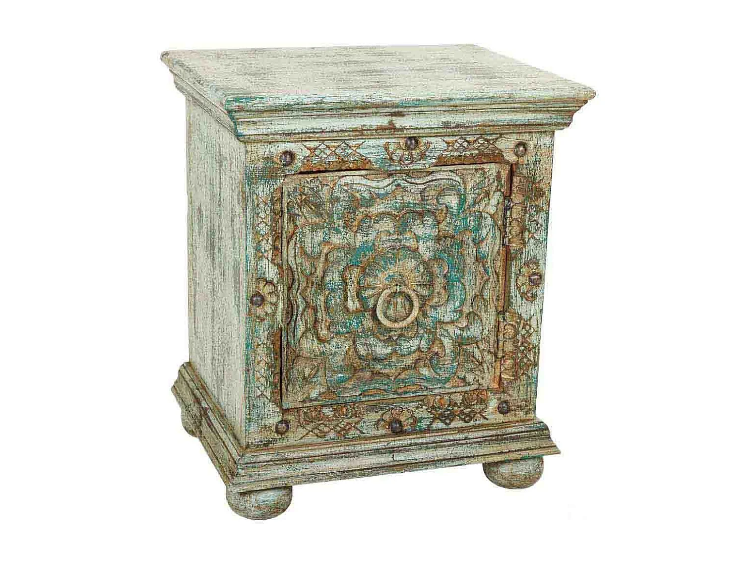 Mesa de cabeceira em madeira entalhada verde 50x40x59