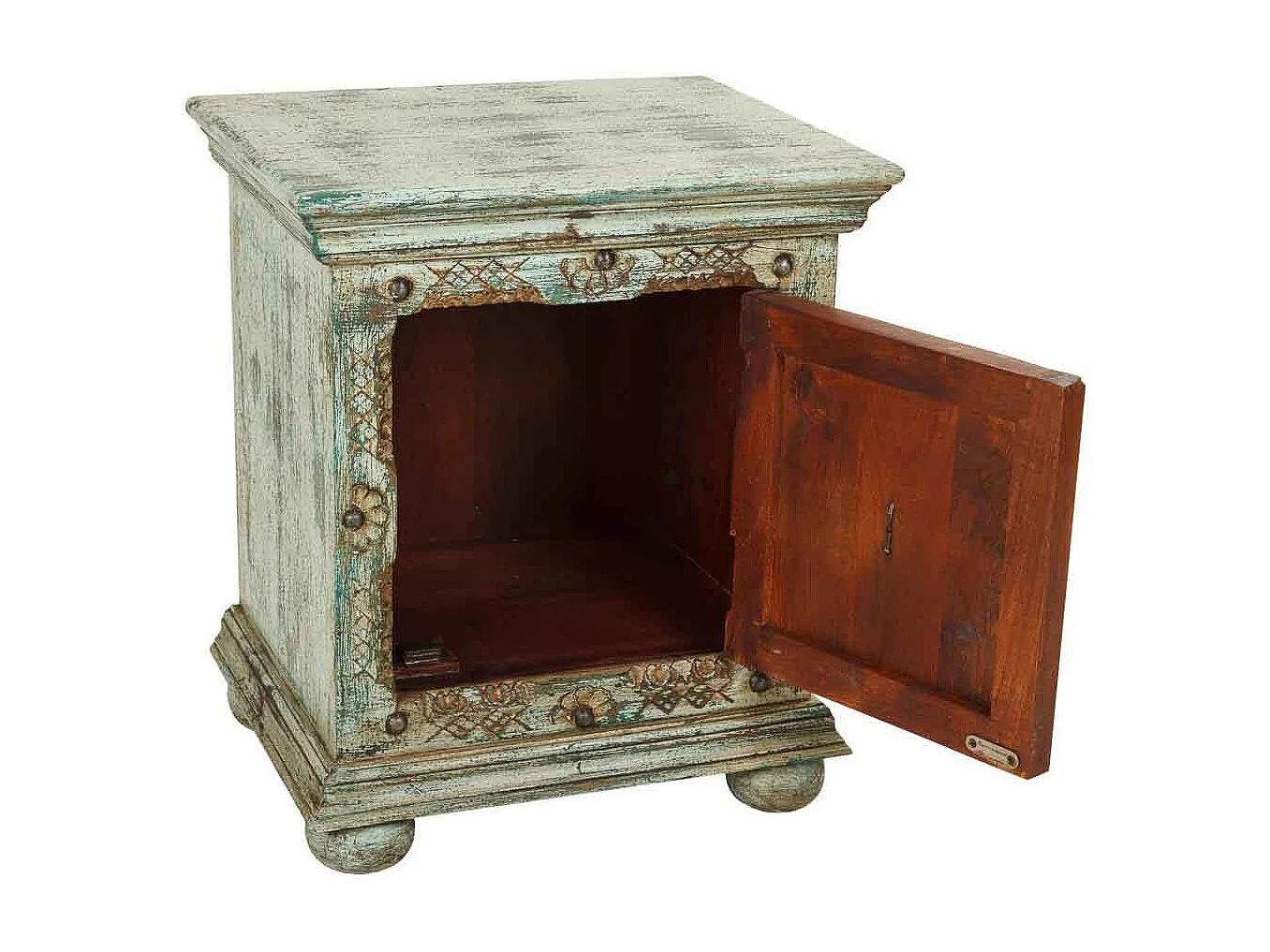 Mesa de cabeceira em madeira entalhada verde 50x40x59