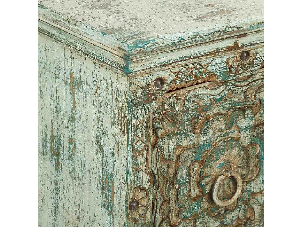 Mesa de cabeceira em madeira entalhada verde 50x40x59