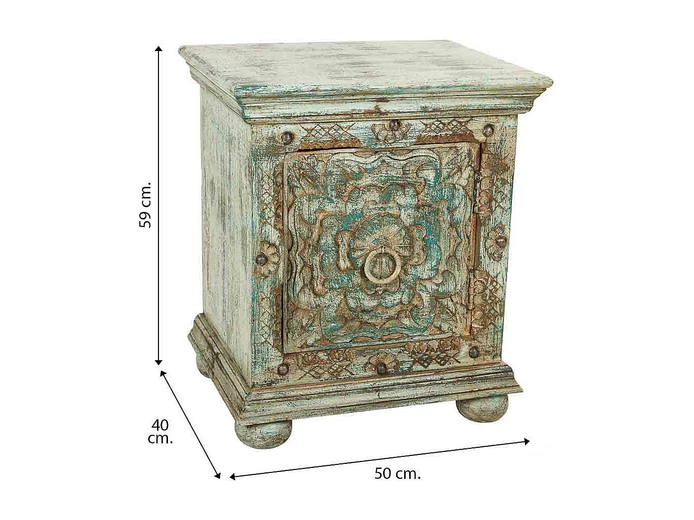 Mesa de cabeceira em madeira entalhada verde 50x40x59