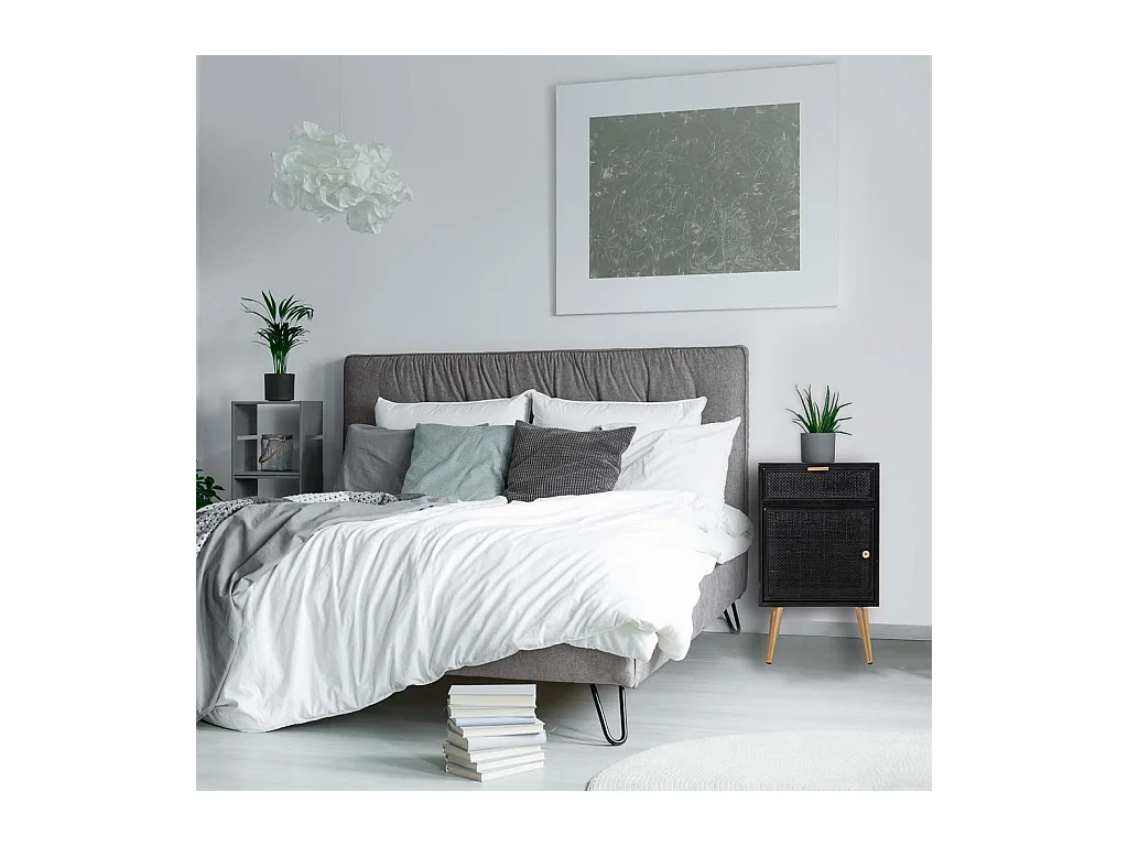 Mesa de cabeceira em madeira lacada preta e rede 42x36,5x71