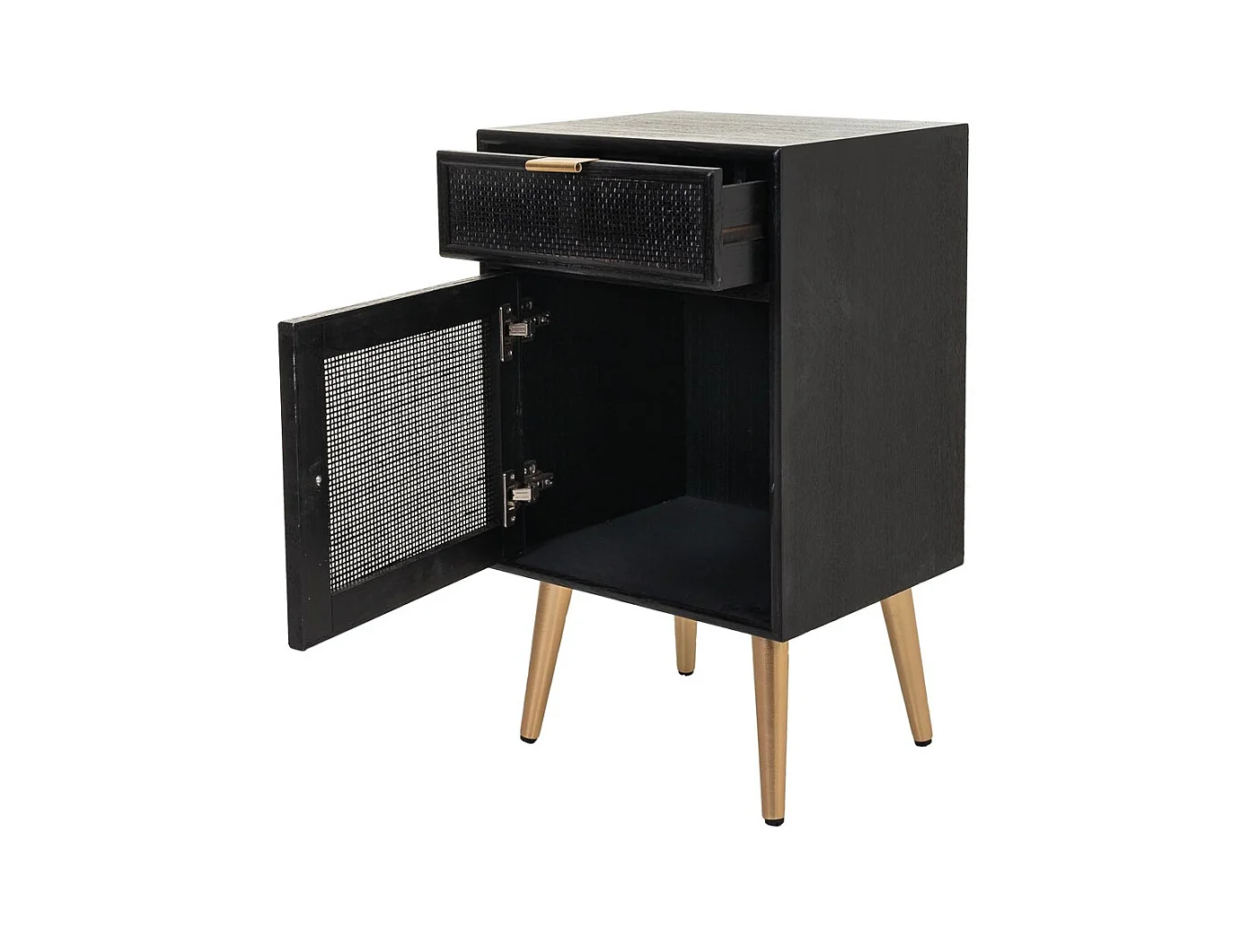 Mesa de cabeceira em madeira lacada preta e rede 42x36,5x71