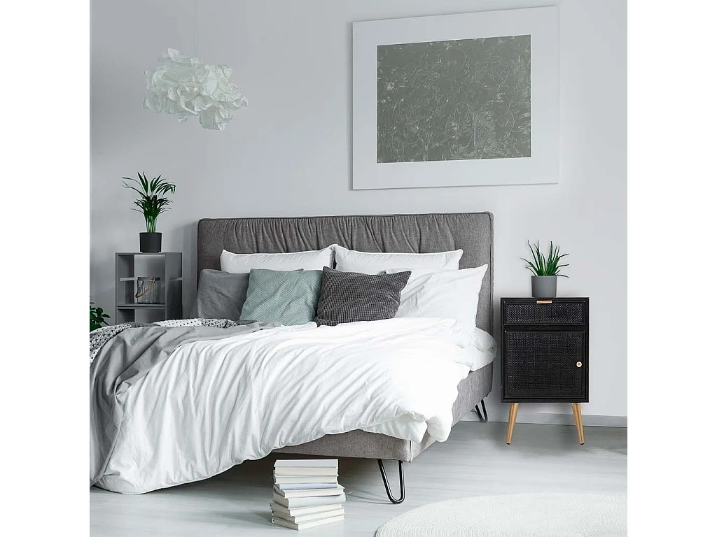 Mesa de cabeceira em madeira lacada preta e rede 42x36,5x71