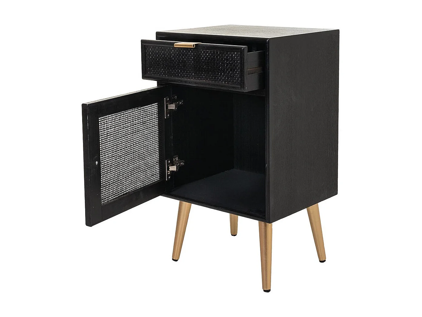 Mesa de cabeceira em madeira lacada preta e rede 42x36,5x71