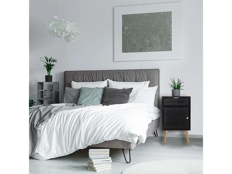 Mesa de cabeceira em madeira lacada preta e rede 42x36,5x71