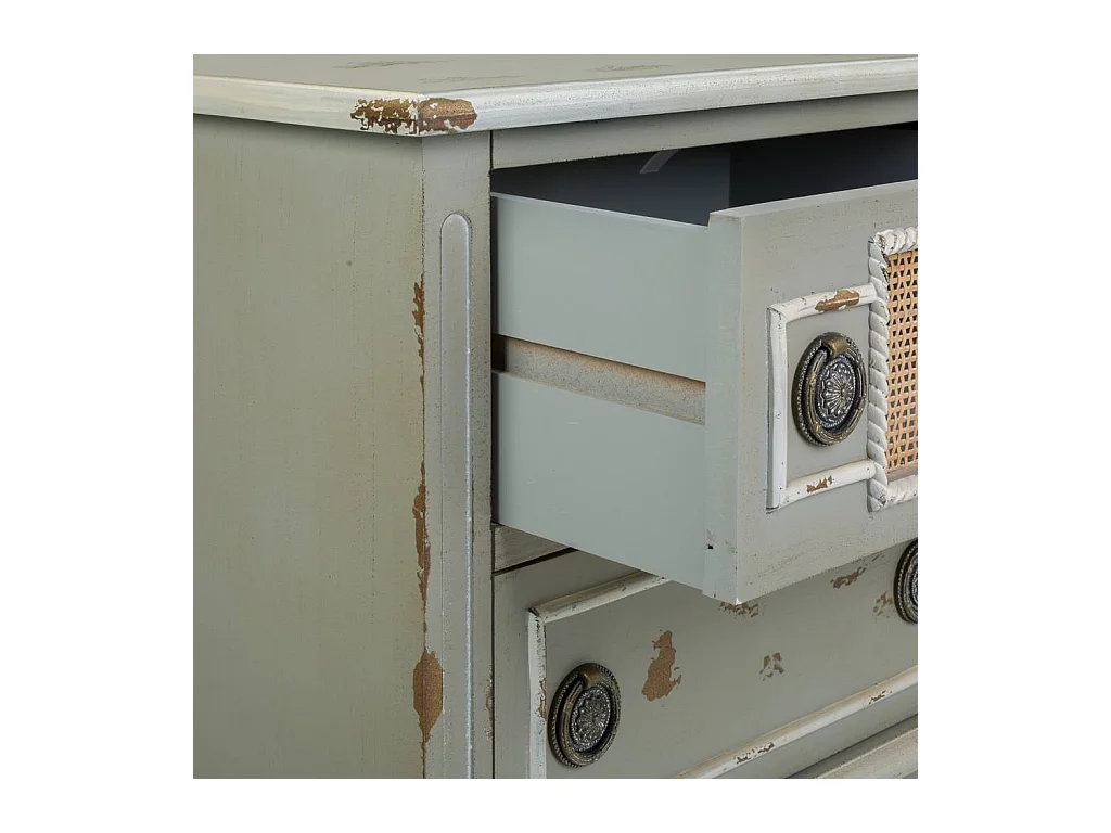 Comodino in legno e rattan di bambù, dimensioni 50x36x56,5 cm.