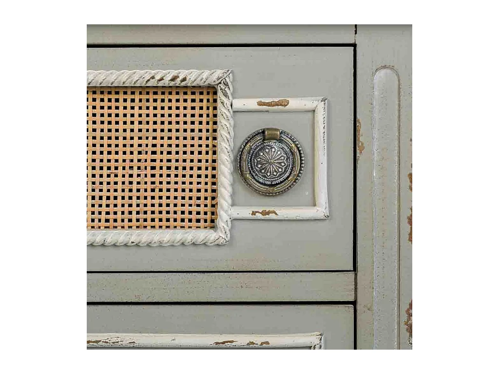 Comodino in legno e rattan di bambù, dimensioni 50x36x56,5 cm.