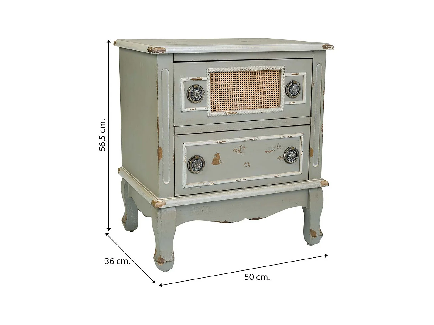 Comodino in legno e rattan di bambù, dimensioni 50x36x56,5 cm.