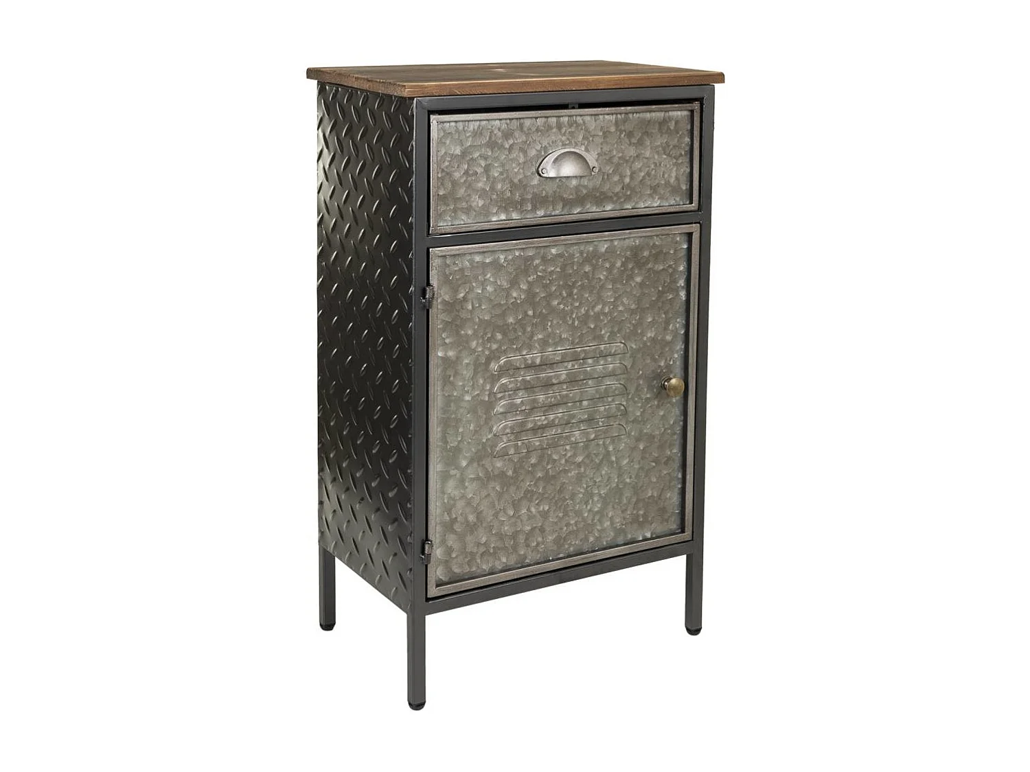 Beistelltisch aus Metall und Holz mit 1 Schublade und 1 Tür 42x28x70,5