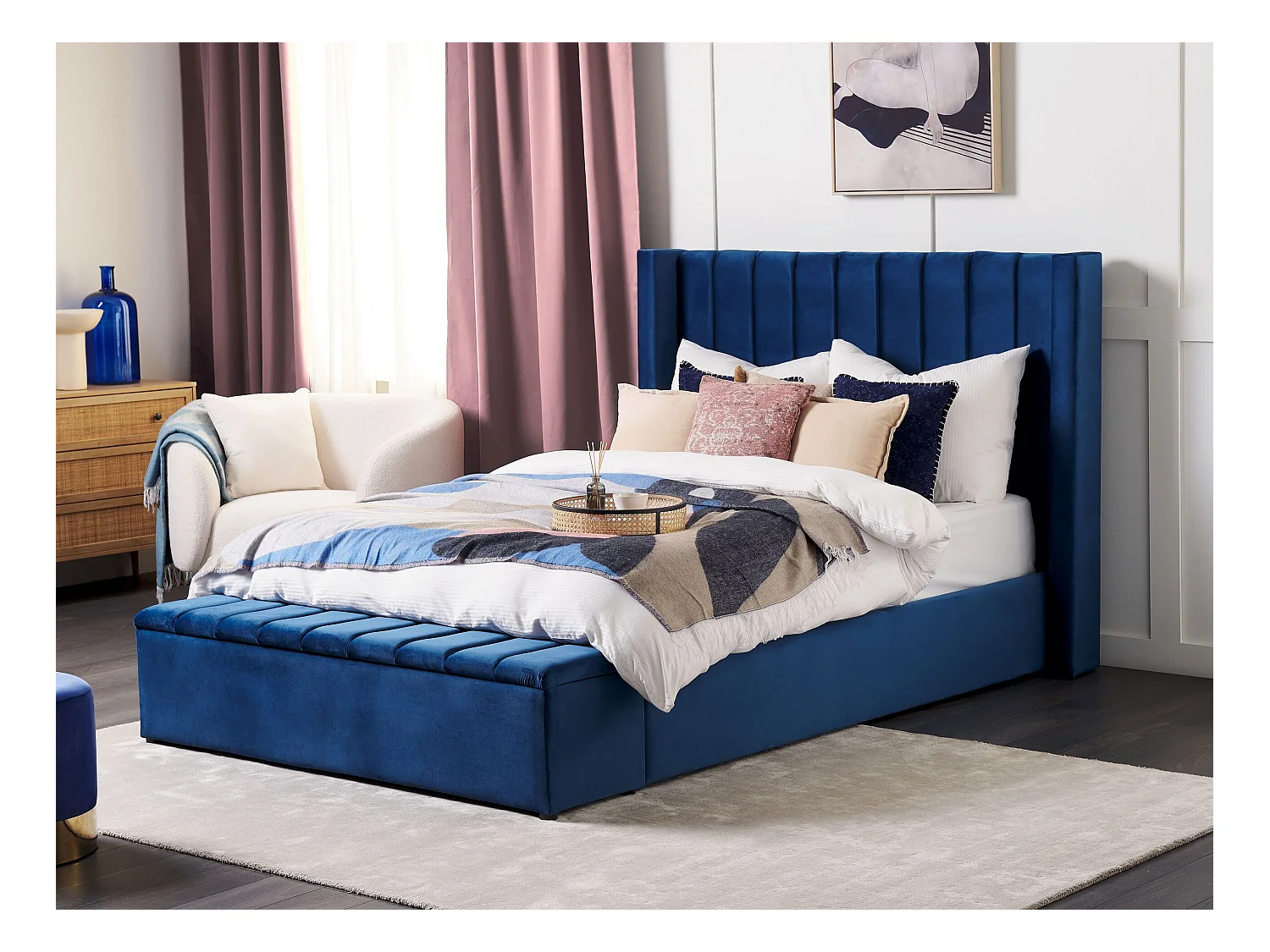 Lit avec banc de rangement Velours NOYERS 140 x 200 cm Bleu marine