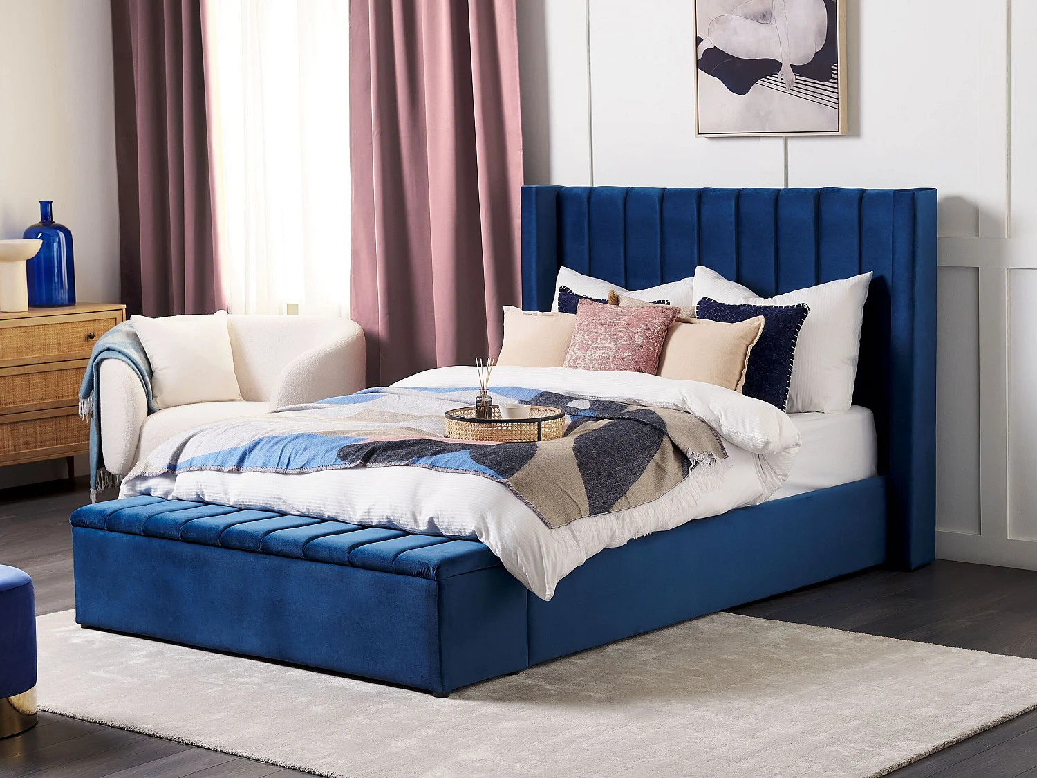 Lit avec banc de rangement Velours NOYERS 140 x 200 cm Bleu marine