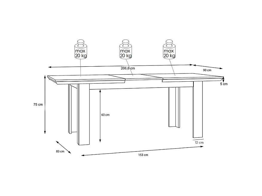 Table de repas extensible 160/206 cm décor chêne blanchi - ANGELE