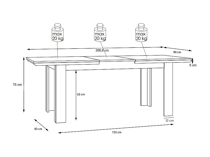 Table de repas extensible 160/206 cm décor chêne blanchi - ANGELE