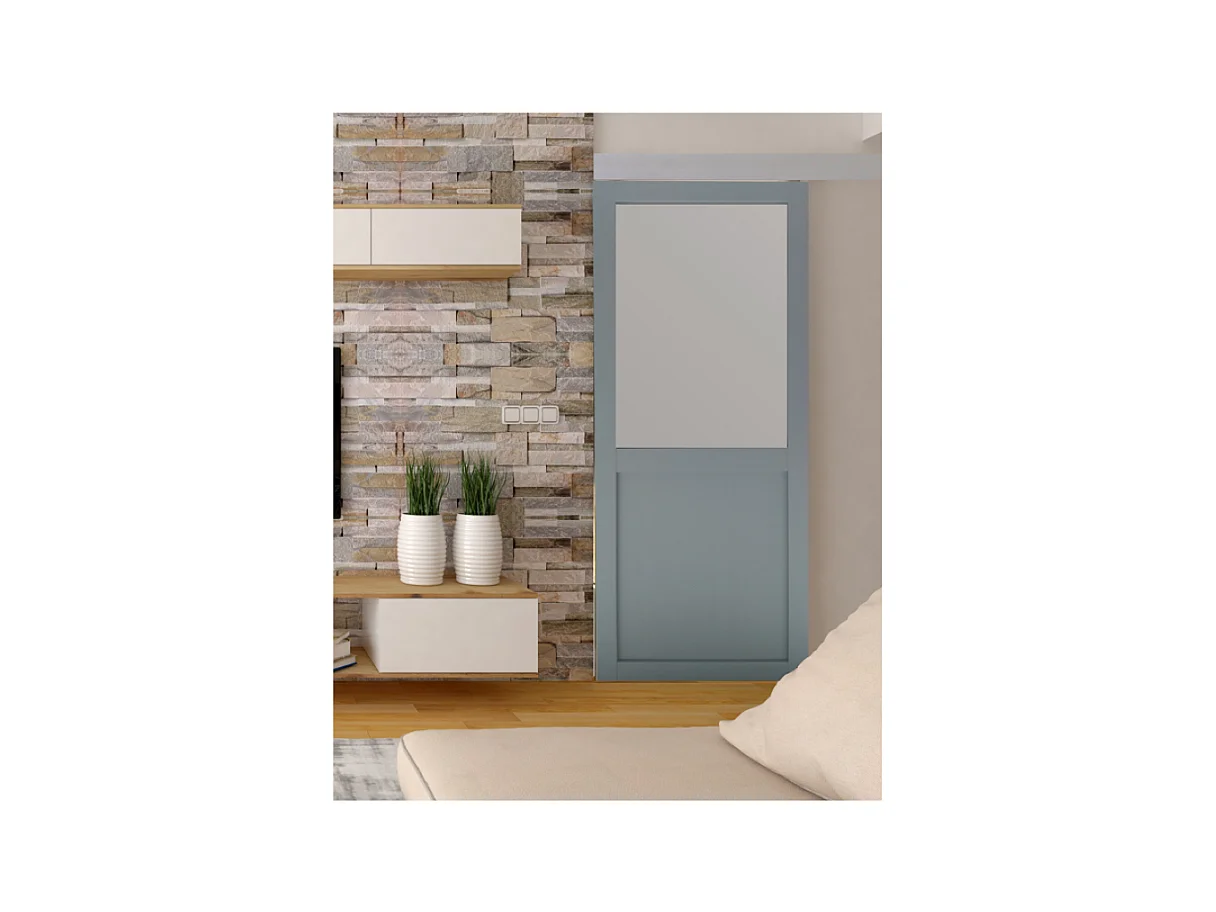 Porte Coulissante Athena Ral7035 Vitree H204 X L73 + Rail Alu Bandeau Blanc Et Coquilles Gd Menuiseries