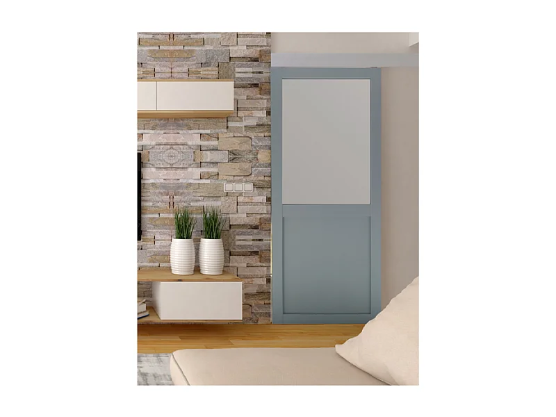 Porte Coulissante Athena Ral7035 Vitree H204 X L73 + Rail Alu Bandeau Blanc Et Coquilles Gd Menuiseries