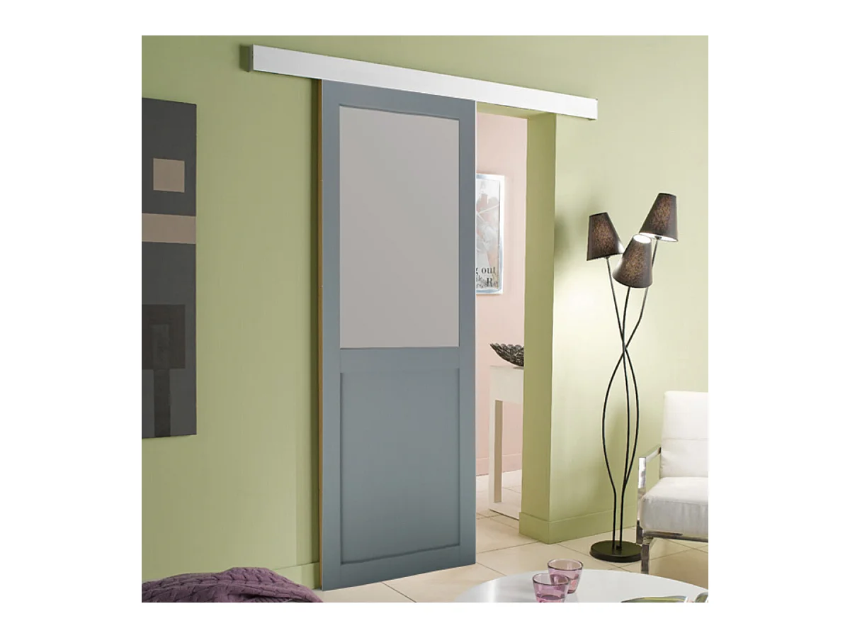 Porte Coulissante Athena Ral7035 Vitree H204 X L83 + Rail Alu Et Coquilles Gd Menuiseries